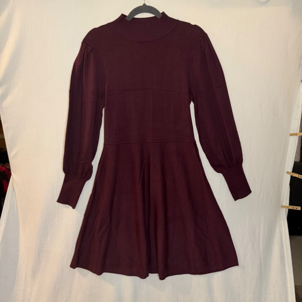 Vince Camuto Burgundy Mock Neck Puff Sleeve Knit Fit and Flare Dress Large
